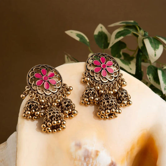 Gold Plated Circle Floral Enamel Earrings with Triple Jhumka Drops