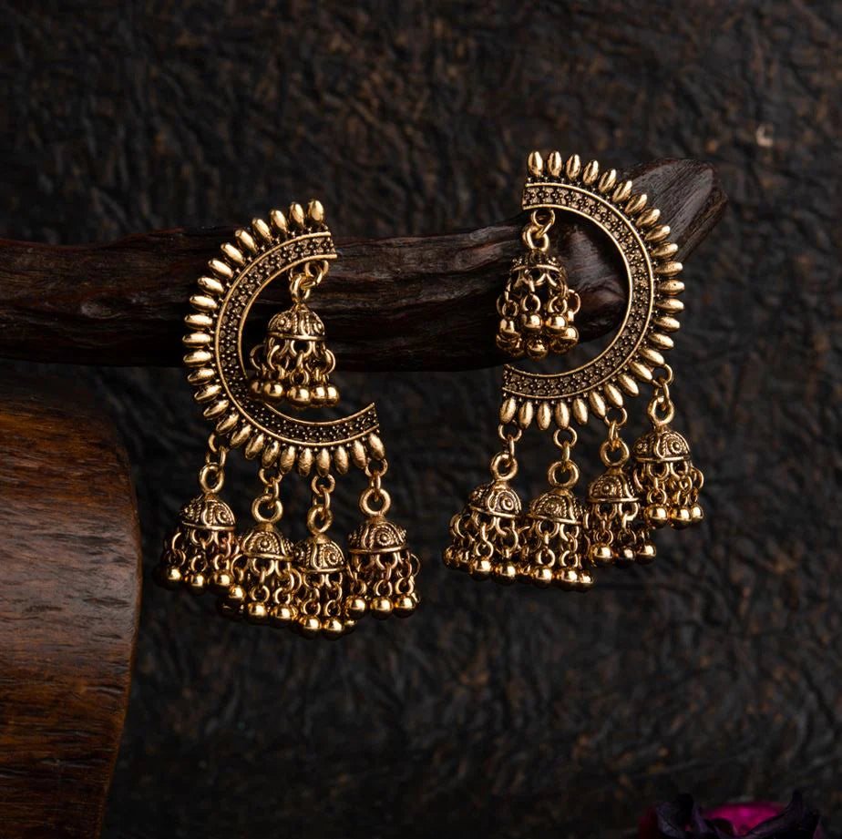 Gold/Silver Plated Jhumki Earrings with Crescent Motif & Five Dome Drops