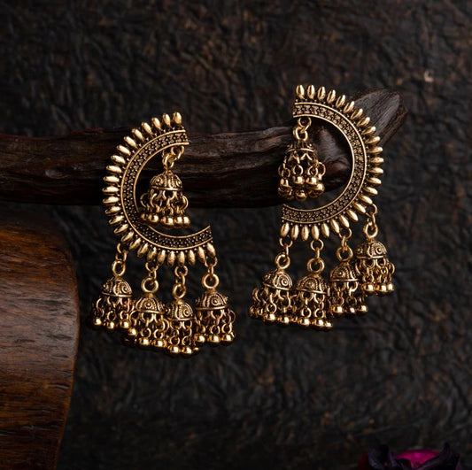 Gold/Silver Plated Jhumki Earrings with Crescent Motif & Five Dome Drops