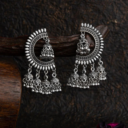 Gold/Silver Plated Jhumki Earrings with Crescent Motif & Five Dome Drops
