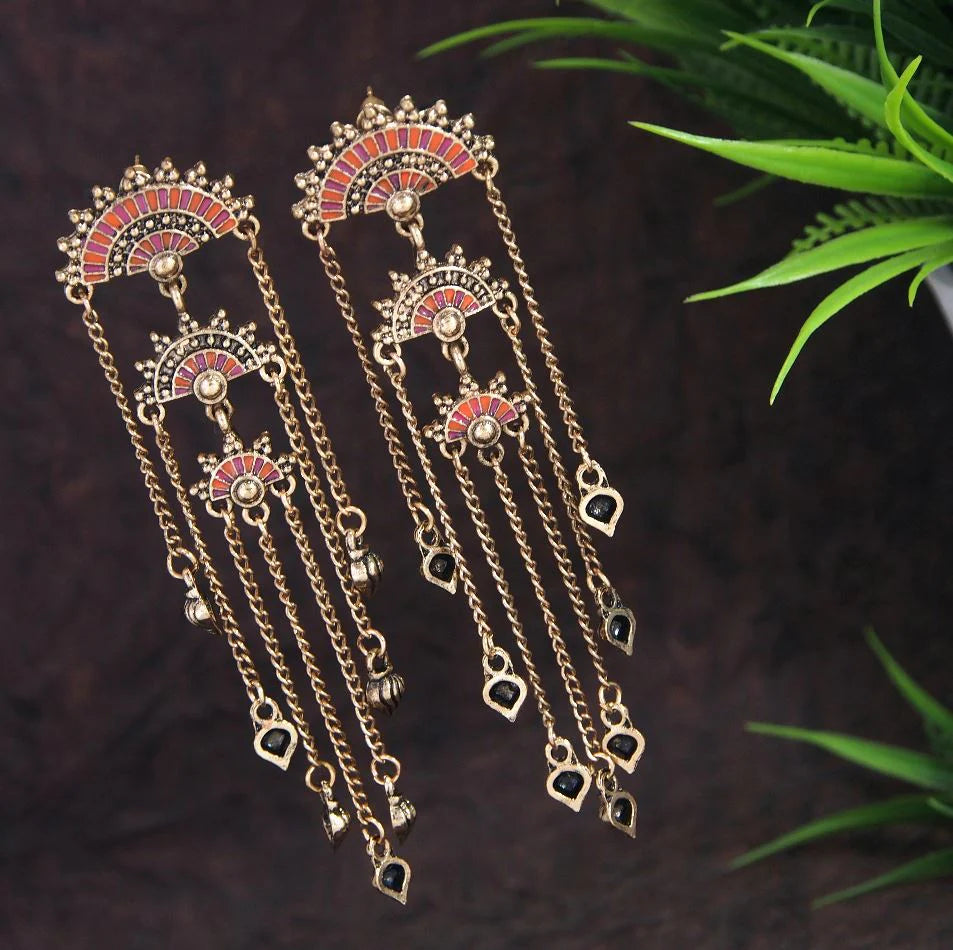 Antique Gold Plated Mandala Tassel Earrings with Chain Drops