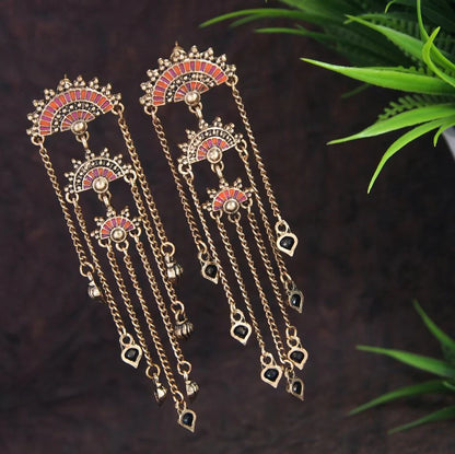 Antique Gold Plated Mandala Tassel Earrings with Chain Drops
