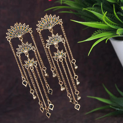 Antique Gold Plated Mandala Tassel Earrings with Chain Drops