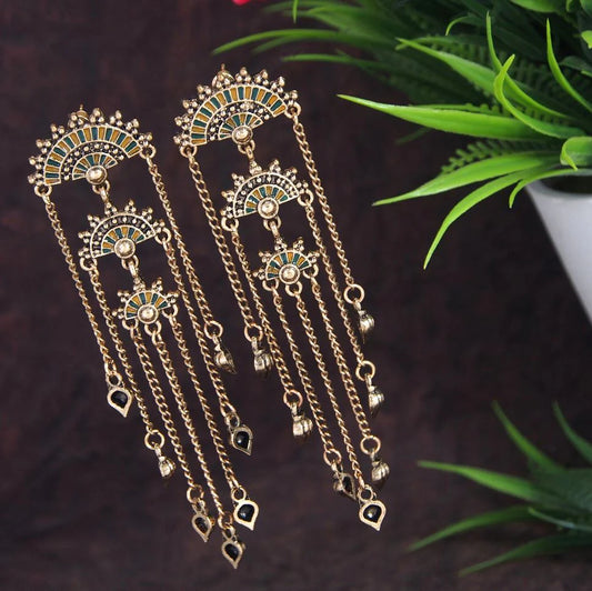 Antique Gold Plated Mandala Tassel Earrings with Chain Drops