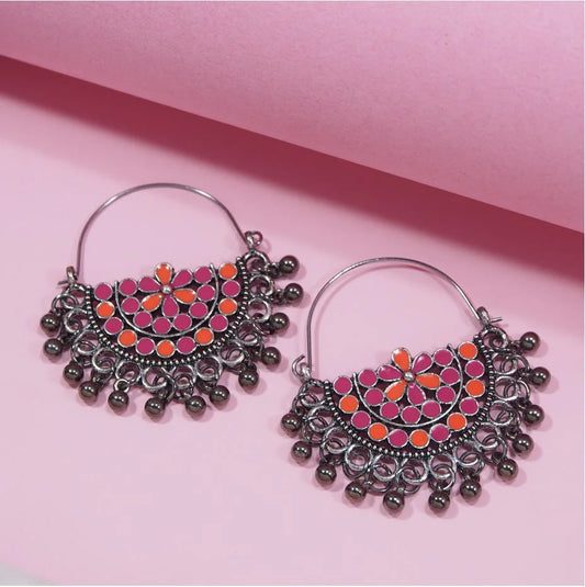Oxidized Silver Enamel Hoop Earrings with Ghungroo