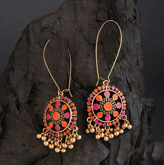 Gold Plated Floral Enamel Dangler Earrings – Long Hook Design