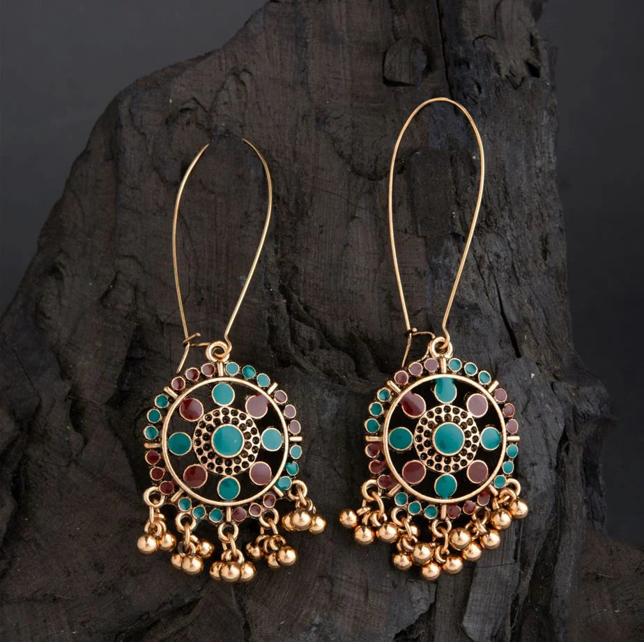 Gold Plated Floral Enamel Dangler Earrings – Long Hook Design