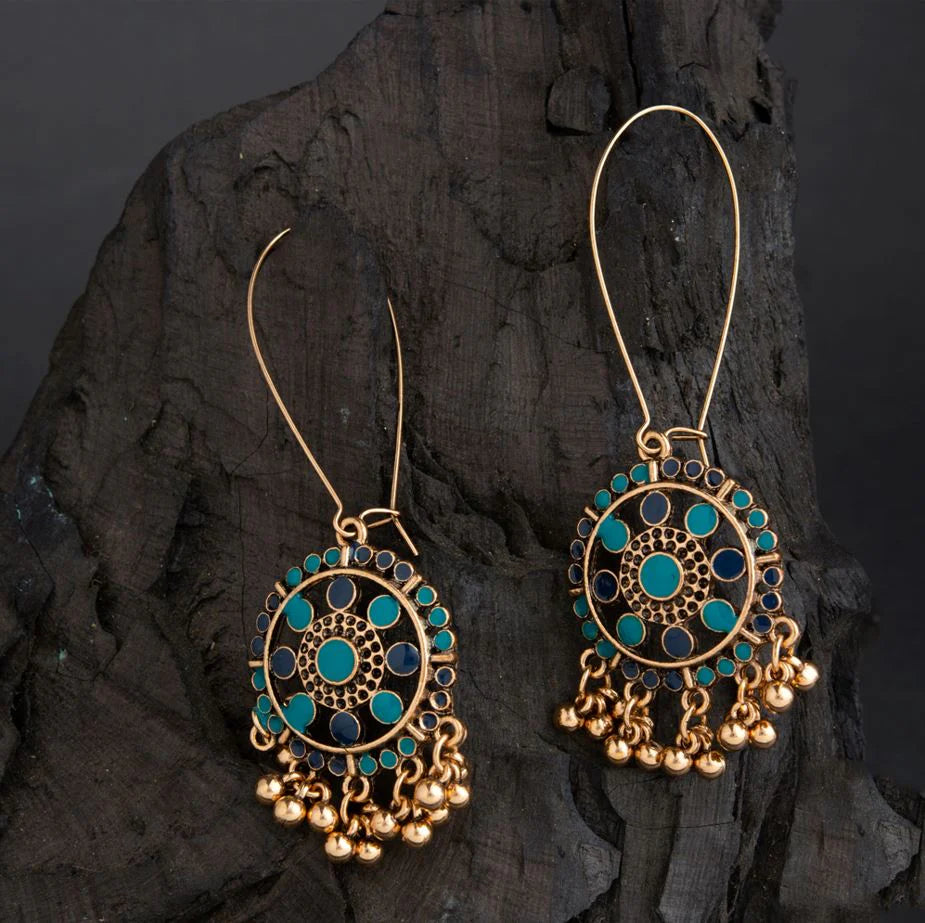 Gold Plated Floral Enamel Dangler Earrings – Long Hook Design