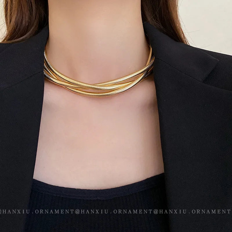Twist Metal Choker Necklace for Women  - Multi-Layer Gold Choker
